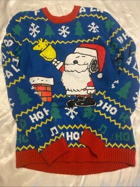 Peanuts Blue Crewneck Sweater with Red Trim and Festive Graphic
